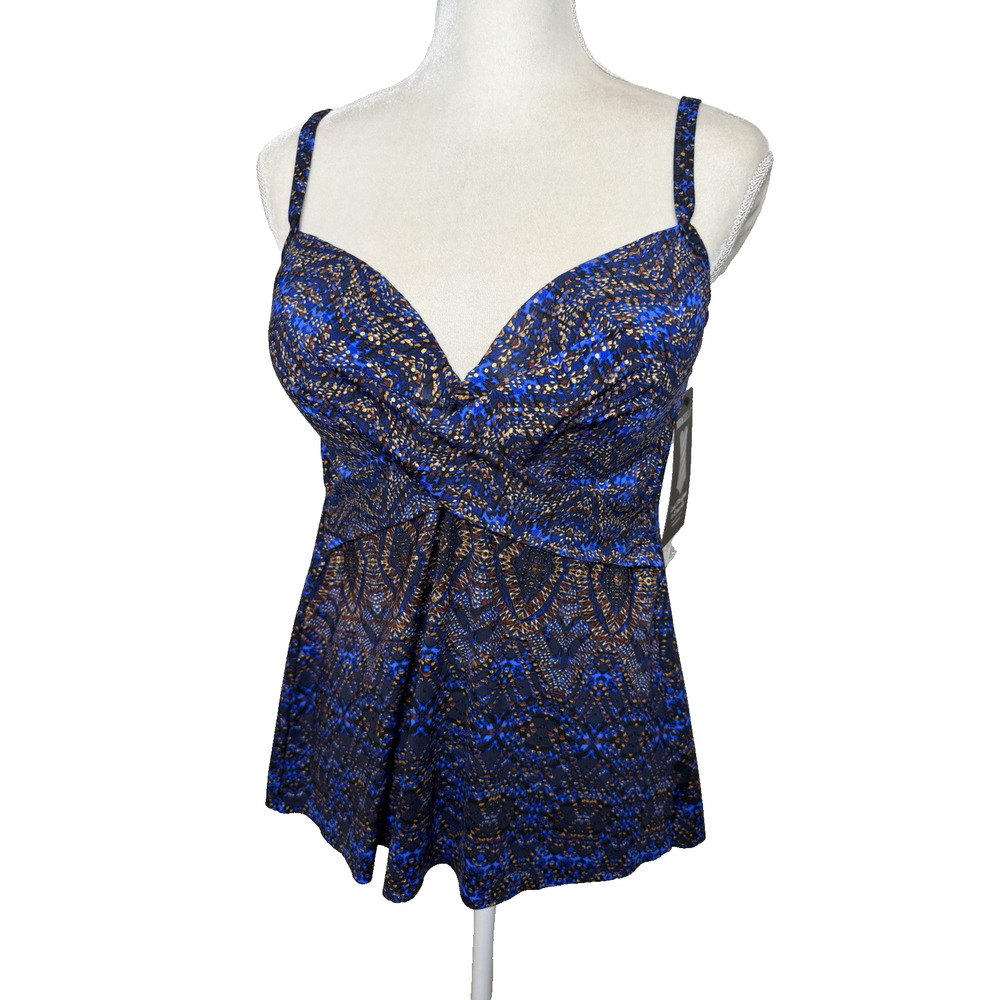 NWT MIRACLESUIT Allura Size 12 Underwire Tankini Swim Top Blue Black FLOWY NEW